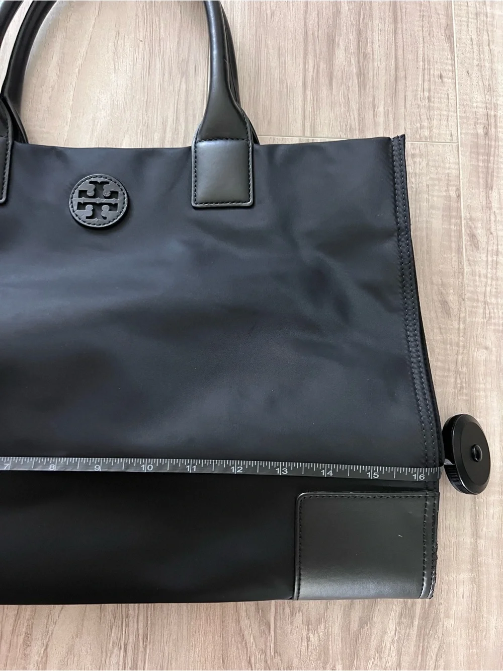 Tory Burch Black Nylon Ella Tote Bag Double T Logo Leather Trim Large Shopper